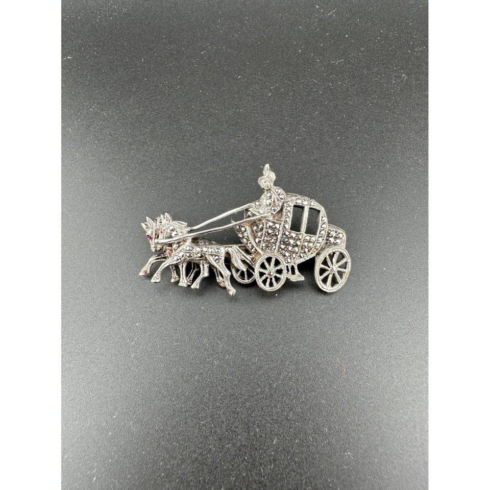 Vintage Meka Denmark Sterling Silver Marcasite Horse Carriage Brooch 1950s
